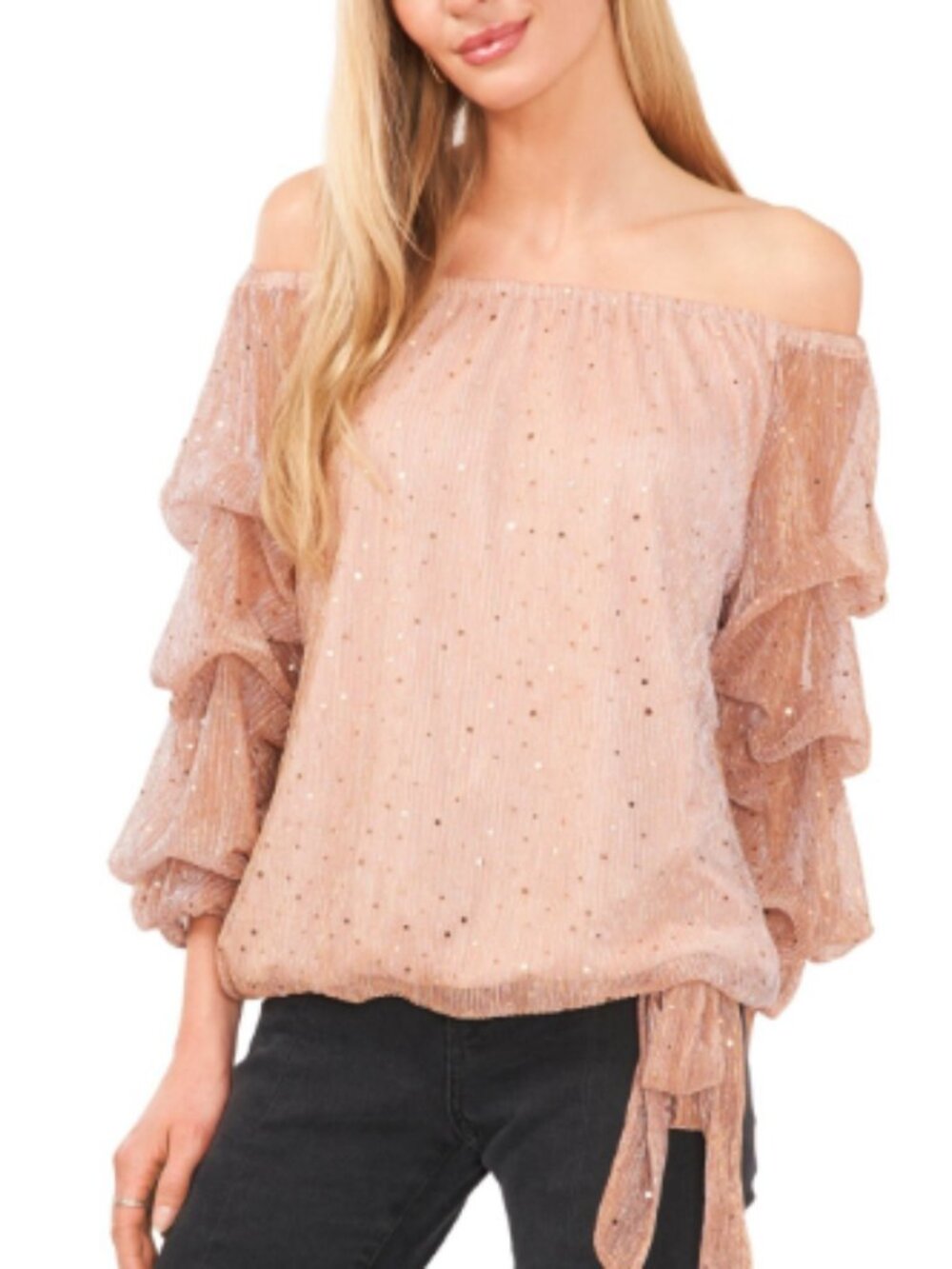 Vince Camuto Blush Pink Metallic Sparkle Ruffle Sleeve Blouse - Women's S
